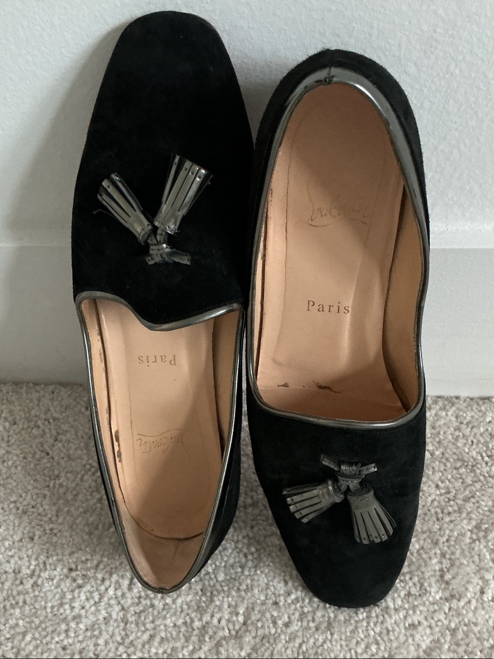 Christian Louboutin Black Suede Tassel Loafers with Leather Trim